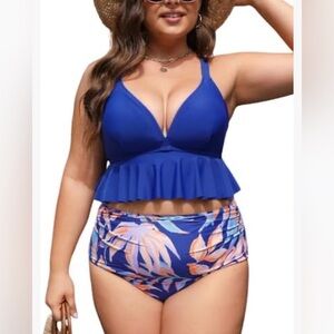 CUPSHE Women's Plus Size Ruffle Hem High Waist Floral Bikini Swimsuit- XL